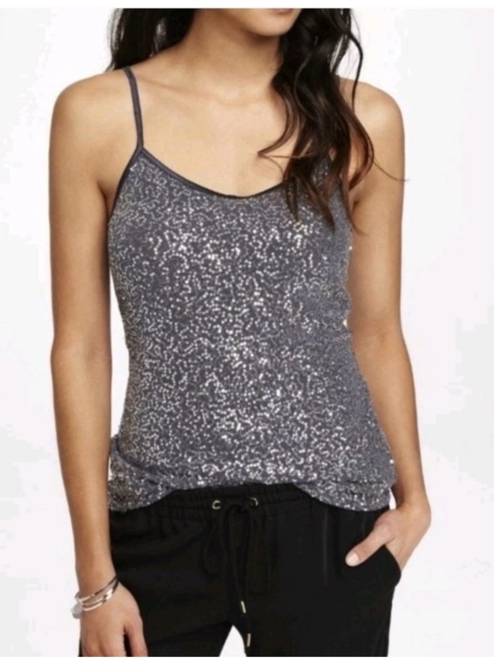 Express Silver Sequin Spaghetti Strap Women's Top